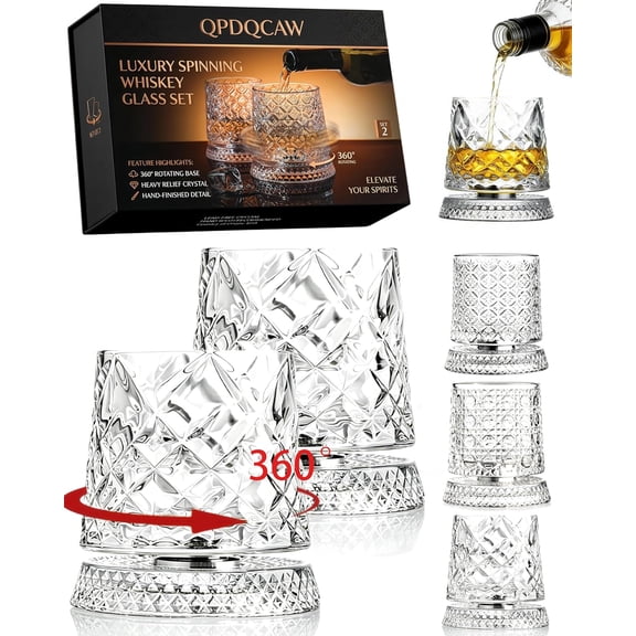 2PCS Spinning Glass Whiskey, 2026 New 360° Rotating Whiskey Glass with Heavy Relief Base, Luxury 360 Spinning Old Fashioned Crystal Whiskey Glass, Hand-Painted Unique Embossed Glass