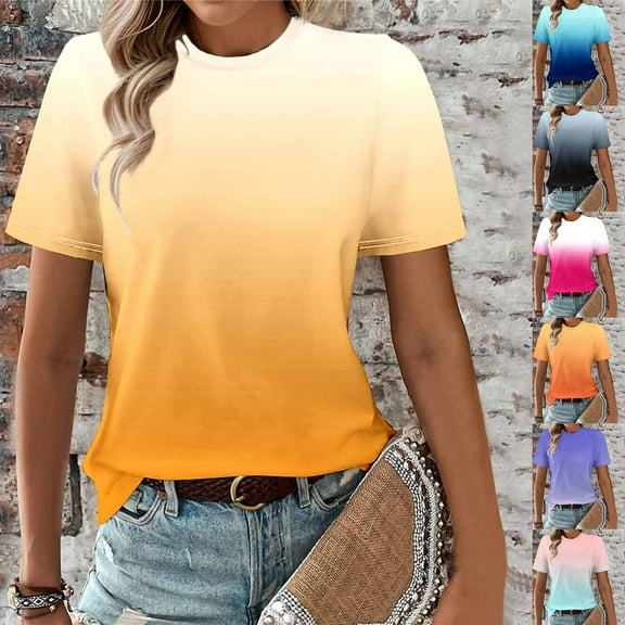 ZZwxWA Short Sleeve Tshirt Shirts for Women Trendy Crew Neck Tie Dye Gradient Print Causal Blouses Ladies Cute Summer Tops