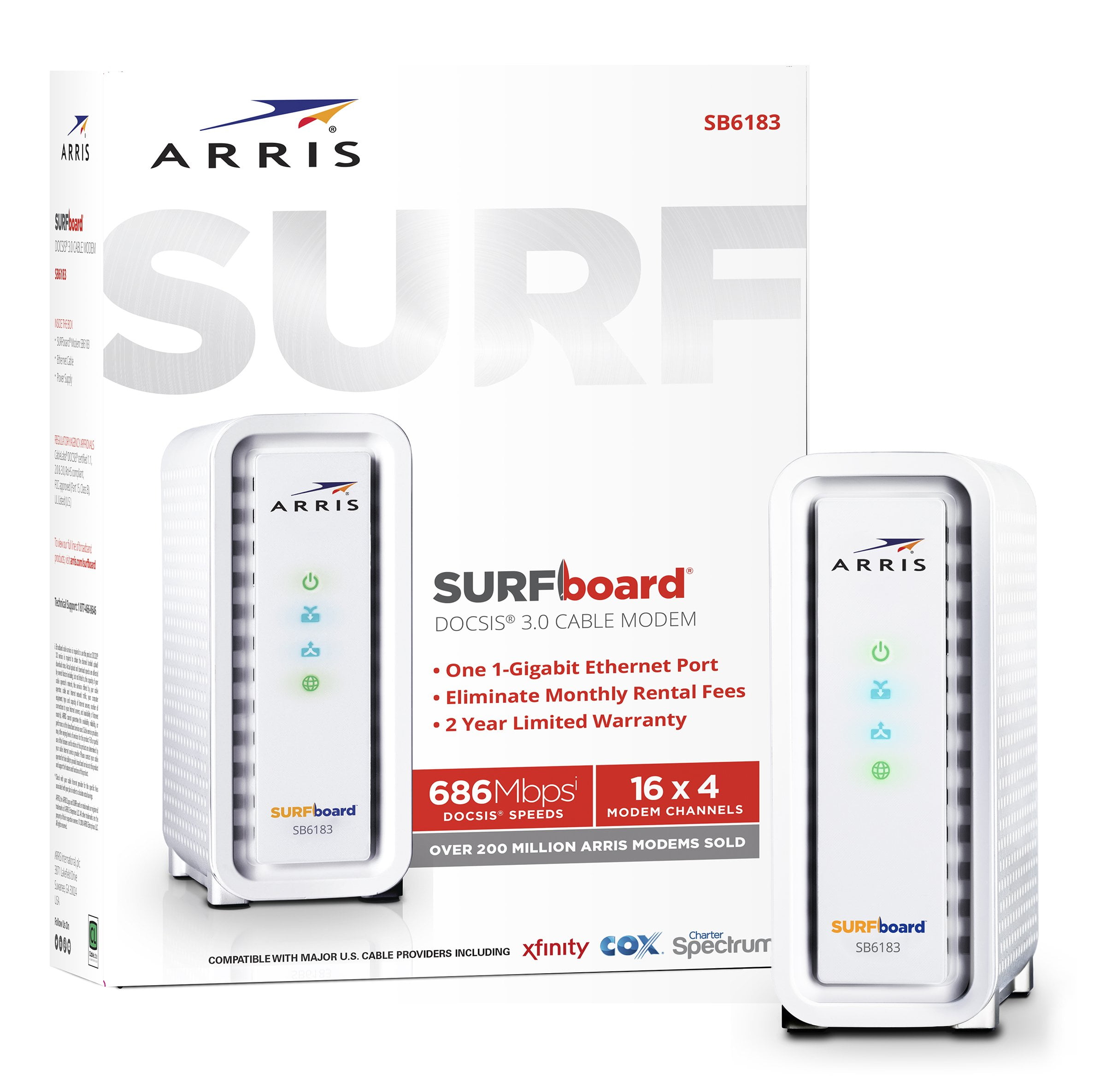 ARRIS Surfboard (16x4) DOCSIS 3.0 Cable Modem, 686 Mbps Max Speed,  Certified for Comcast Xfinity, Spectrum, Cox, Cablevision & More (SB6183  White)