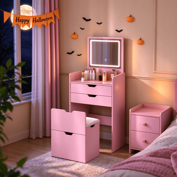 3-in-1 Vanity Desk with Lights & Flip Mirror, Small Makeup Vanity Set with Hidden Stool and Storage Drawers, Space-Saving Dressing Table for Bedroom, Pink