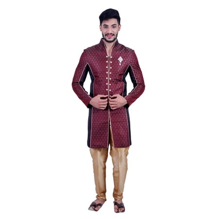 Wine and Black Indian Festive Occasion Indo-Western Sherwani for Men. This product is custom
