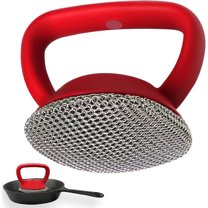 Cast Iron Scrubber Cleaner Brush: 316 Stainless Steel Chainmail Scrubber with Handle, Chain Mail Scrubber Cast Iron for Skillets, Pans,Griddles, Frying Pans, Cast Iron Cookware (Red)