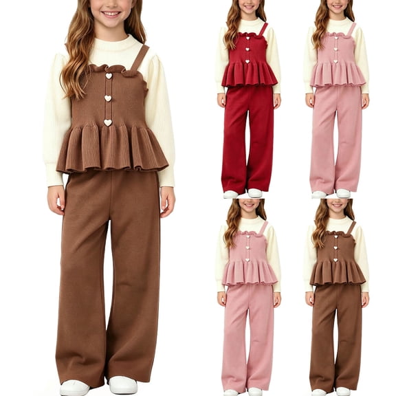 ITSAME Girls 2-Piece Long Sleeve Peplum Top and Pants Set Fall Winter Casual Knit Clothing Outfit Pink Size 7
