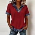 thumbnail image 2 of Women's Long Sleeve Shirts with Denim Collar Cuffs Buttons Decor V-Neck Tops Dressy Casual Office Outfits Deep Red M, 2 of 6