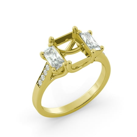 Emerald Semi Mount Ring - Emerald 3 Stone Semi Mount Round Diamond Engagement Ring Solid 14k Yellow Gold