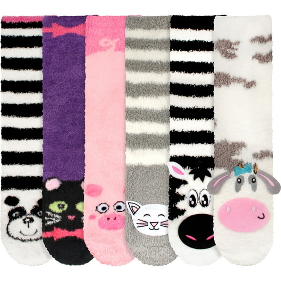 Super Soft Warm Cute Animal Non-Slip Fuzzy Cozy Crew Winter Home Socks, Assortment C - 6 Pairs - Value Pack