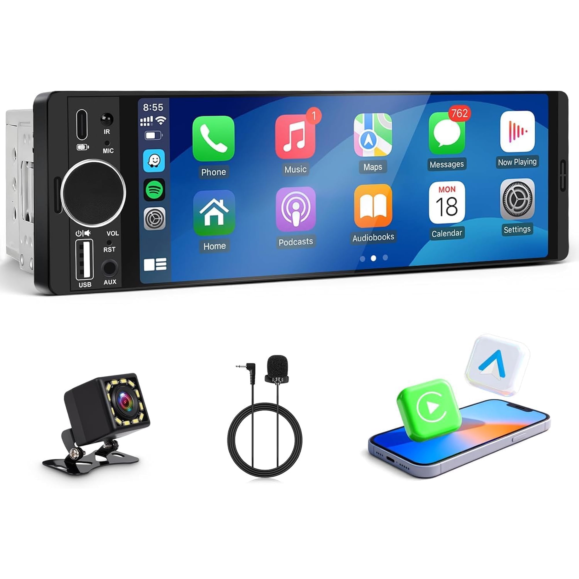 Rixvaxt Single Din Car Stereo, 6.28" Touchscreen Radio with Wireless Apple CarPlay & Android Auto, Bluetooth, Backup Camera, Hands-Free Calling, USB, SWC, RCA, EQ, FM (Black)