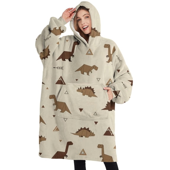 Oversized Wearable Blanket Hoodie,Beige Origami Dinosaurs Pattern Sherpa Blanket Hoodie with Super Pockets,Super Warm Fuzzy Pullover for Women & Men