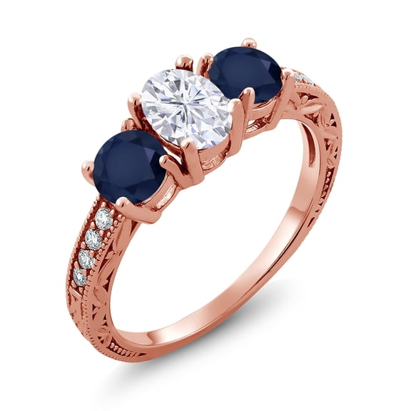 Gem Stone King 18K Rose Gold Plated Silver Blue Sapphire Ring Set with Moissanite (2.22 Cttw) (Size 9)