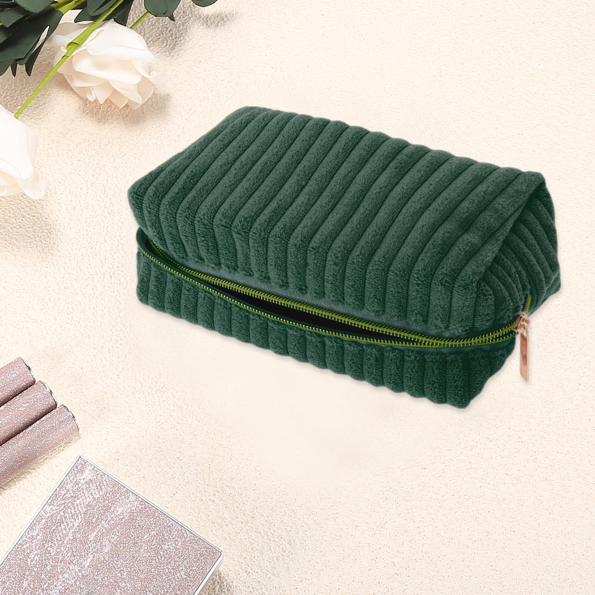 Unique Bargains 1 Pc Vertical Stripe Pattern Makeup Bag Dark Green