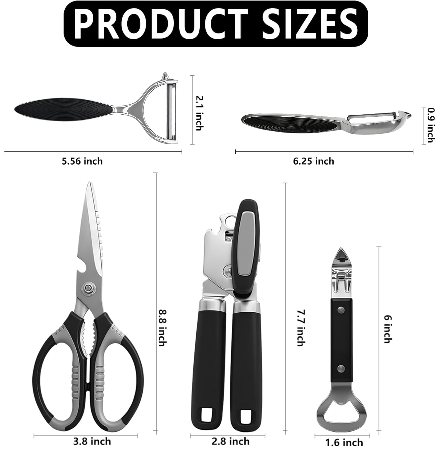 Magicorange 5PCS Stainless Steel Can Opener Set with 1 Bottle Opener 2 Vegetable Peeler 1 Heavy Duty Kitchen Scissors