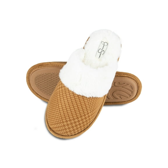 Jessica Simpson Womens Comfy Faux Fur Slip On Scuff House Slipper -  Memory Foam Anti-Skid Sole