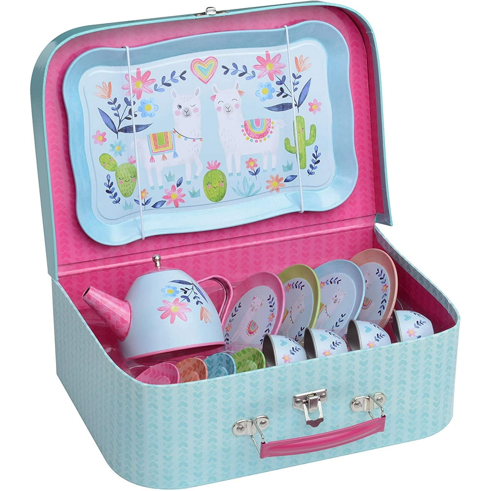 Jewelkeeper 15 Piece Kids Pretend Toy Tin Tea Set & Carry Case Llama