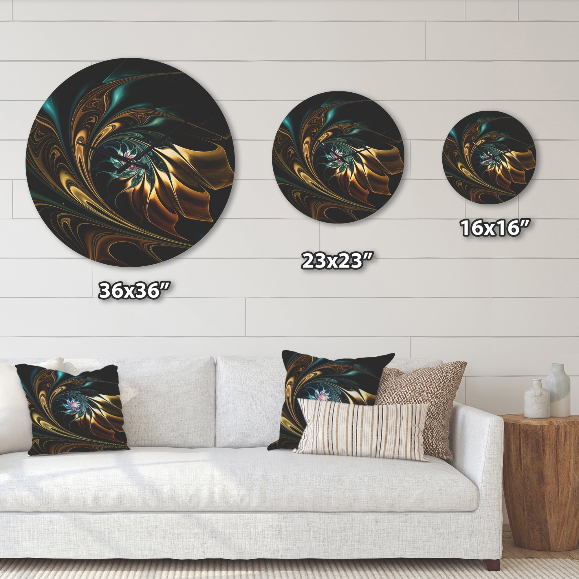 Designart 'Blue Brown Fractal Flower in Black' Modern Wood Wall Clock