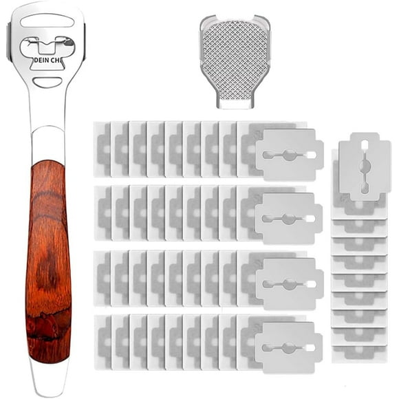 Foot Care Pedicure Set - Stainless Steel Callus Shaver with Wood Handle, Foot File, and 50 Replacement Blades for Effective Hard Skin Removal