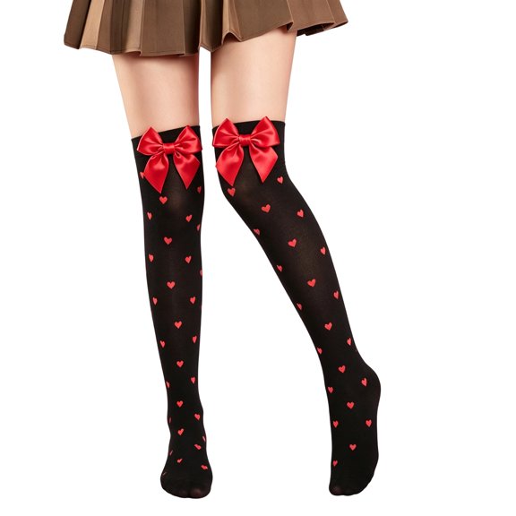 Sewkxo Women Satin Bow Stockings Thigh High Over Knee Cute Costume Stockings with Bows,Black One Size