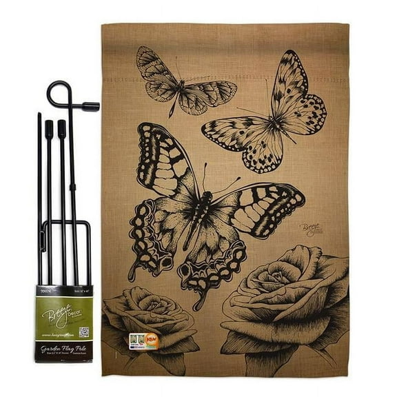 Breeze Decor BD-BG-GS-104002-IP-BO-D-US15-BD 13 x 18.5 in. Butterflies Burlap Garden Friends Bugs & Frogs Impressions Decorative Vertical Double Sided Flag Set with Banner Pole