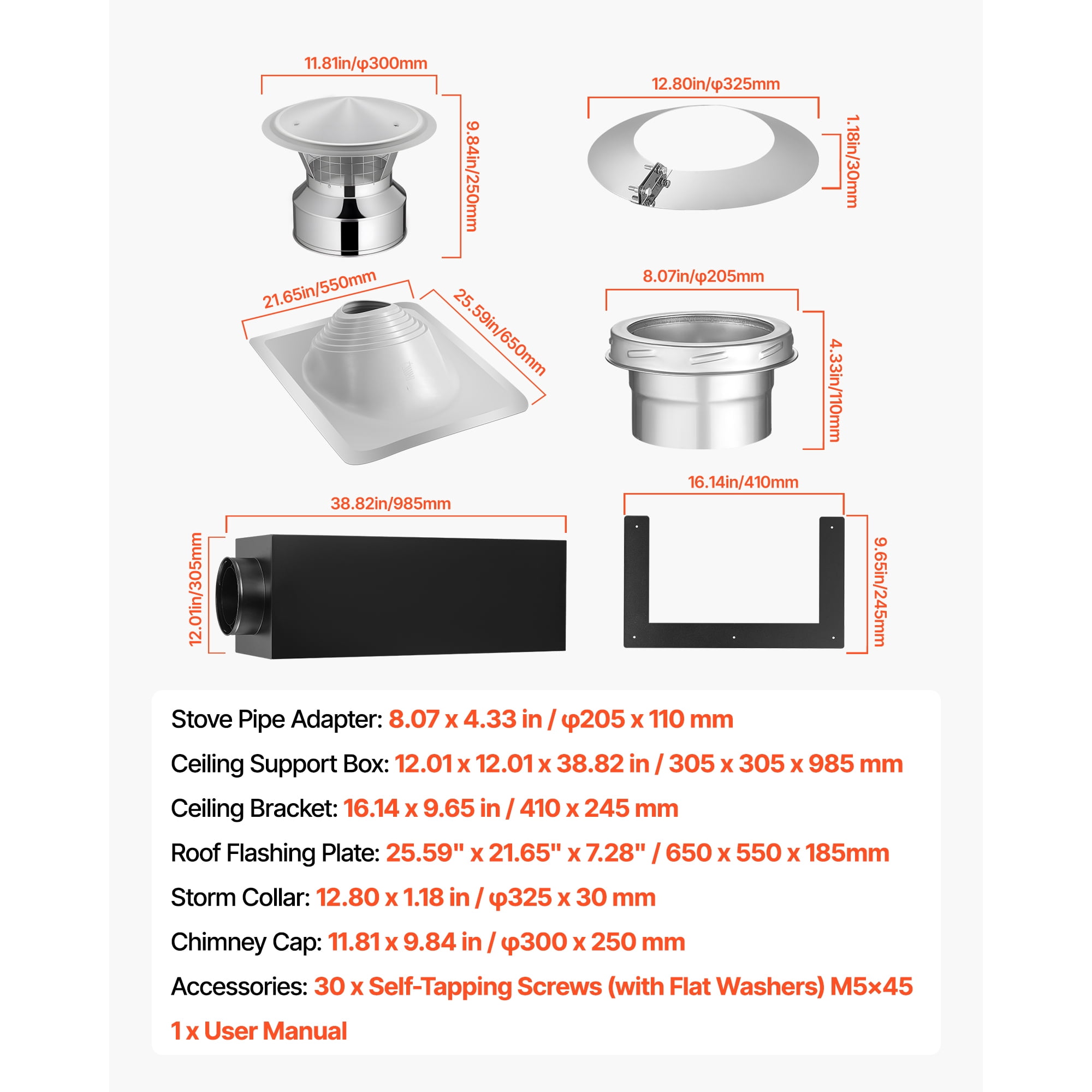 KFFKFF 6-Inch Chimney Pipe Wall Kit, Stainless Steel Through-Wall Installation Kit with Rain Cap and Roof Flashing for 30-45 Degree Roof Angles (Excludes Straight Pipe)