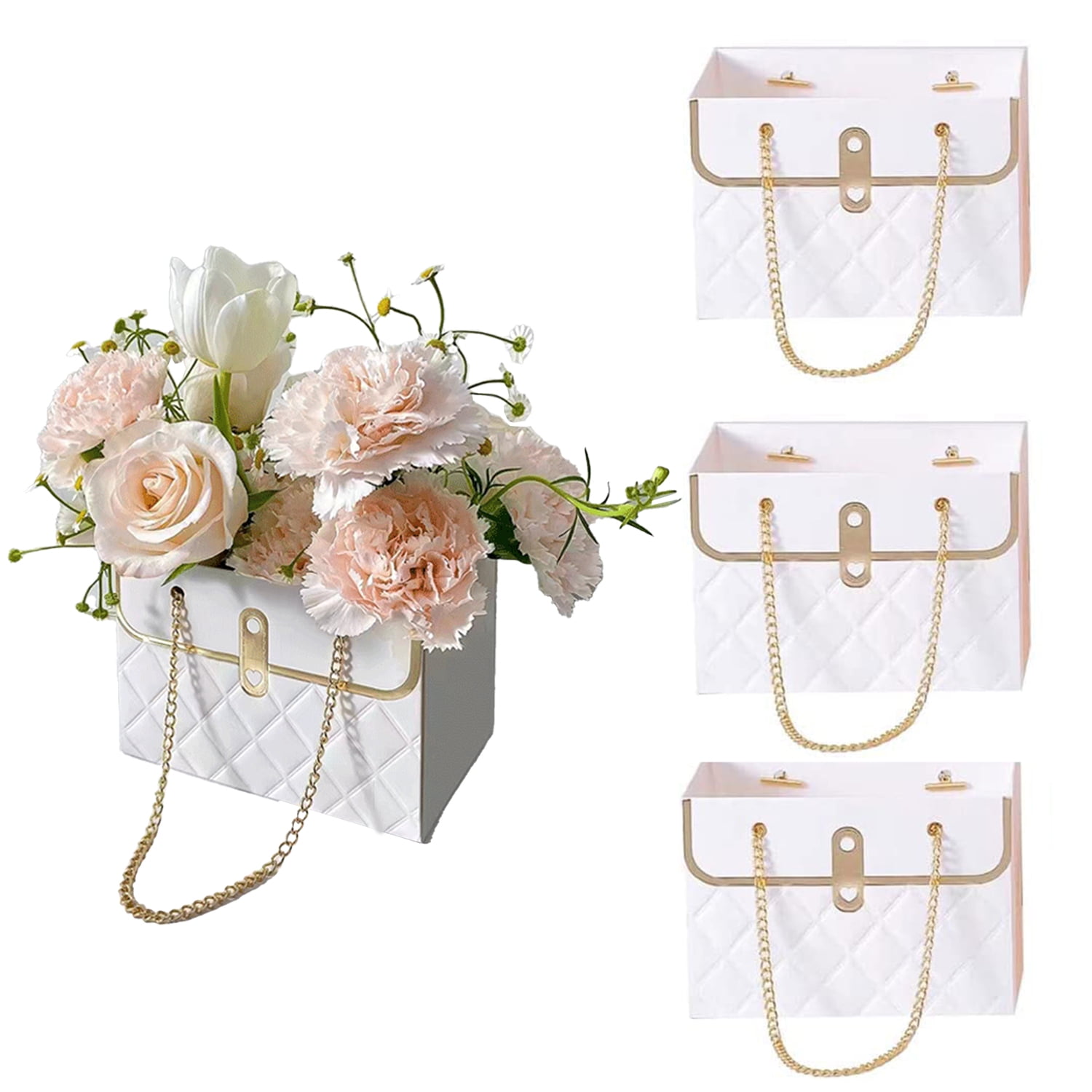 4PCS Paper Flower Gift Bags Box with Handle, Floral Arrangements Bouquets  Bag, Florist Bag Carry Package Gift Case for Valentines Day Wedding  Birthday Graduation Party Decoration,White 