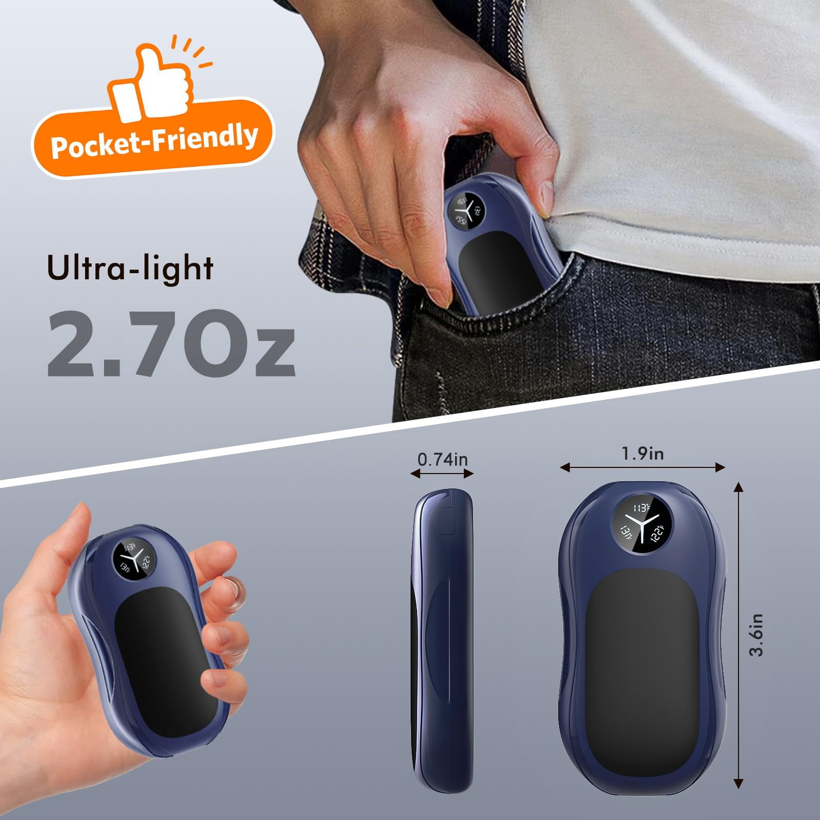 Hand Warmers Rechargeable 2 Pack, 6000mAh Portable Electric Hand Warmer with Magnetic Design, Digital Display, 3 Heat Levels, USB-C Fast Charging, Pocket Heater for Outdoor, Golf, Hunting, Camping