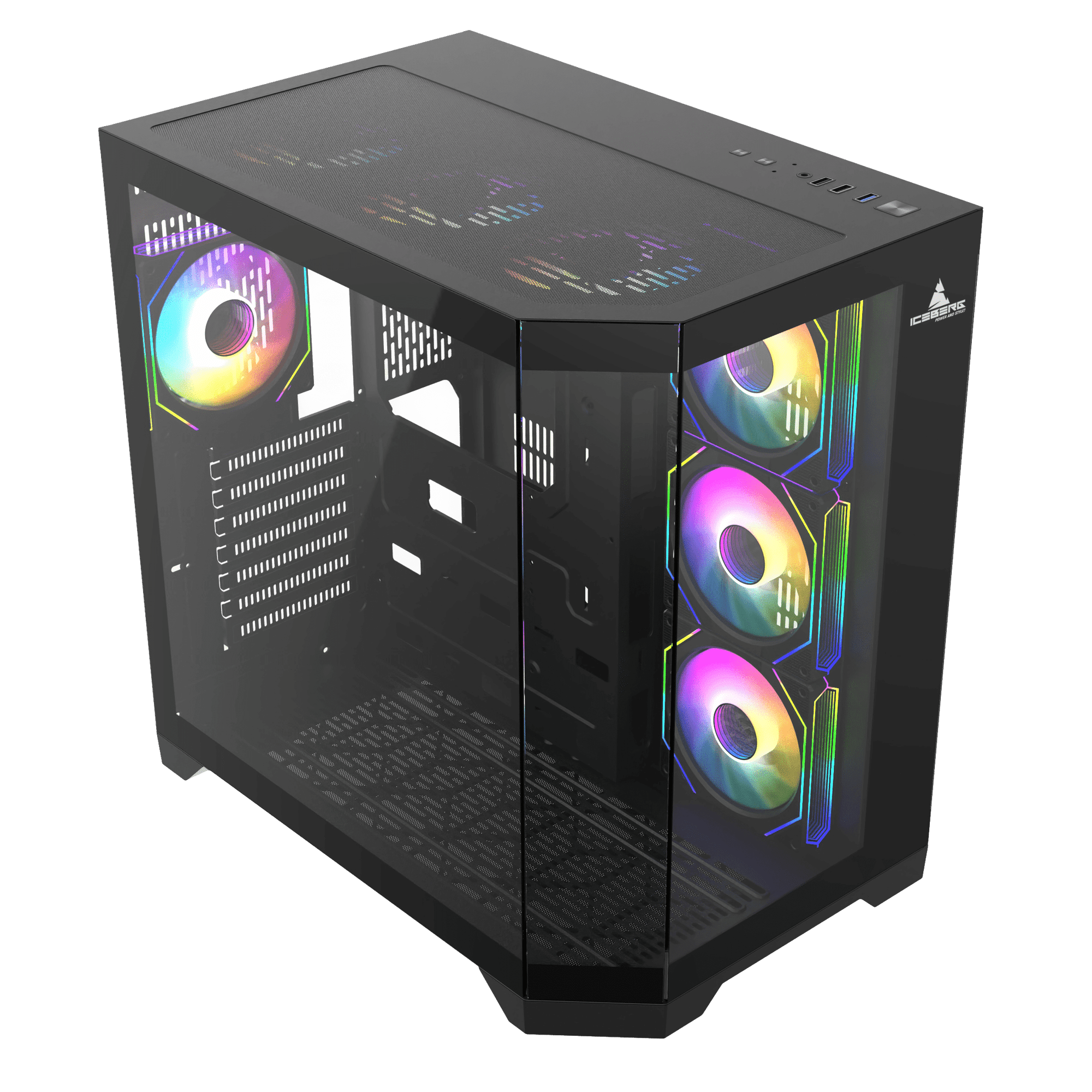 Iceberg PC Gaming ATX Case Crystal Edge Full Panoramic View Three Sides Tempered Glass Window with Seven high-Performance Fans aRGB (Black)