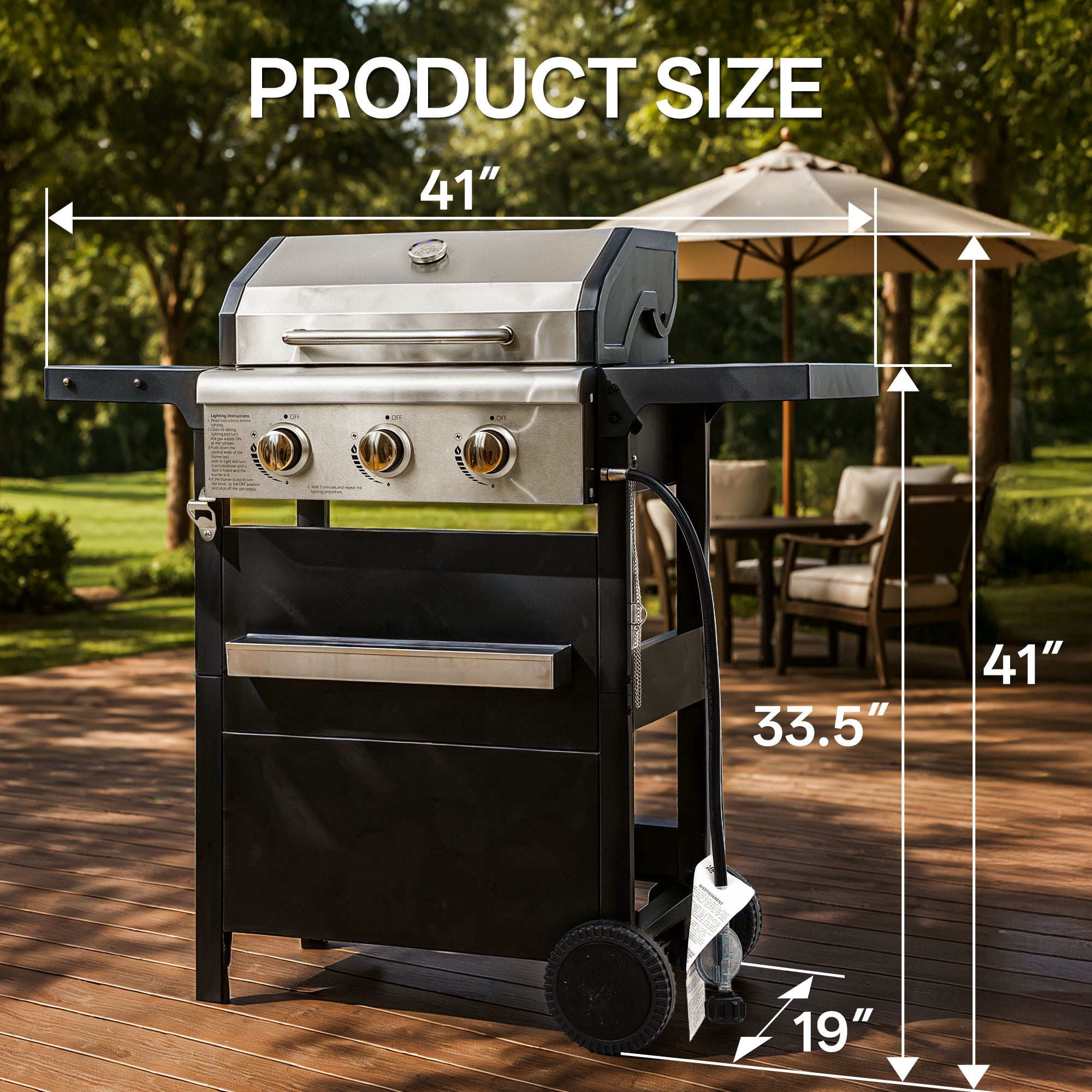 YIORTWO 3 Burner Propane Gas Grill with Cover, 27,000 BTU Outdoor BBQ with Stainless Steel Lid & Storage Cabinet, Portable for Patio & Camping