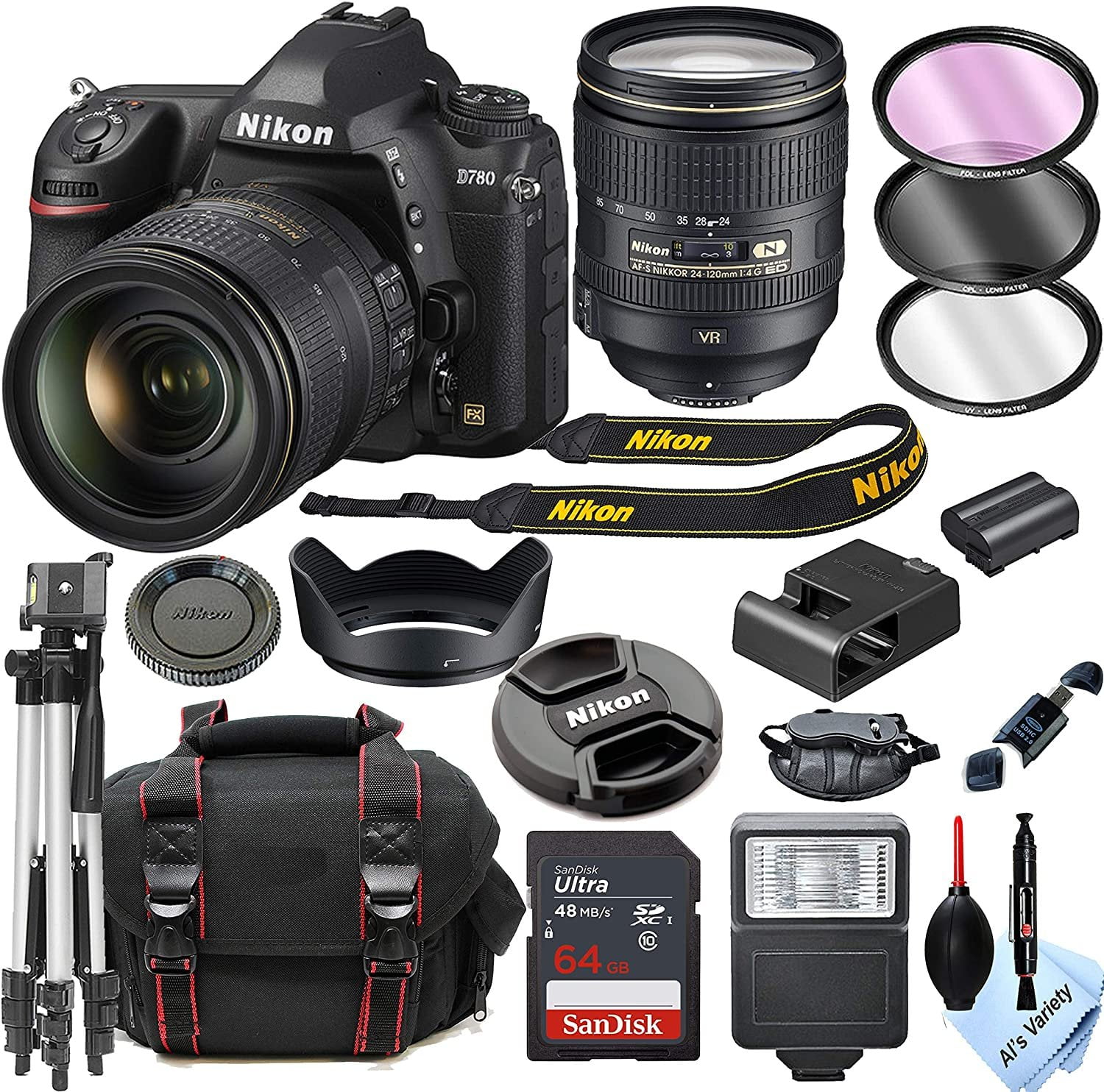 Nikon D780 DSLR Camera with 24120mm VR Lens + 64GB Card, Tripod, Flash