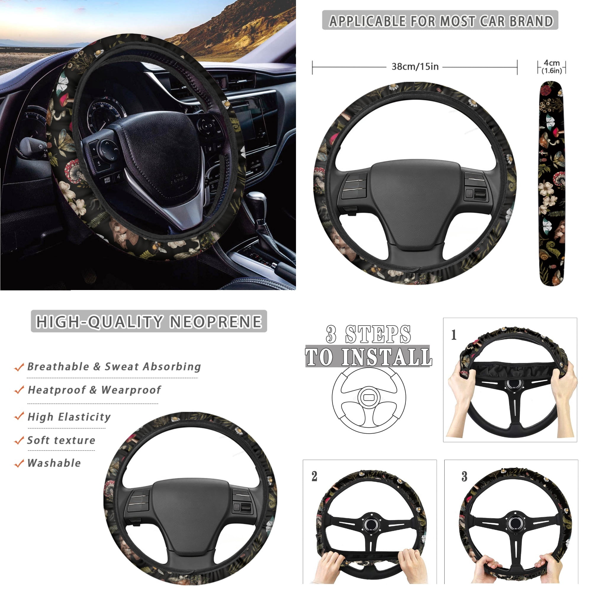 Jeiento Aesthetic Mushroom Car Seat Covers Full Sets of 14, Steering Wheel Cover Seat Belt Pad Car Garbage Can Coaster Car Armrest Cover Gear Shift Cover Rearview Mirror Cover Auto Accessory