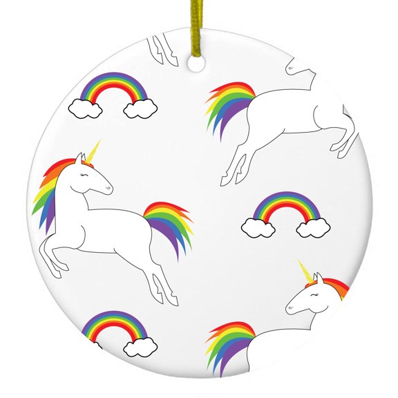 DistinctInk Hanging Ceramic Christmass Tree Ornament with Gold String - Great Gift / Present - 2 3/4 inch diameter - Rainbows & Unicorns