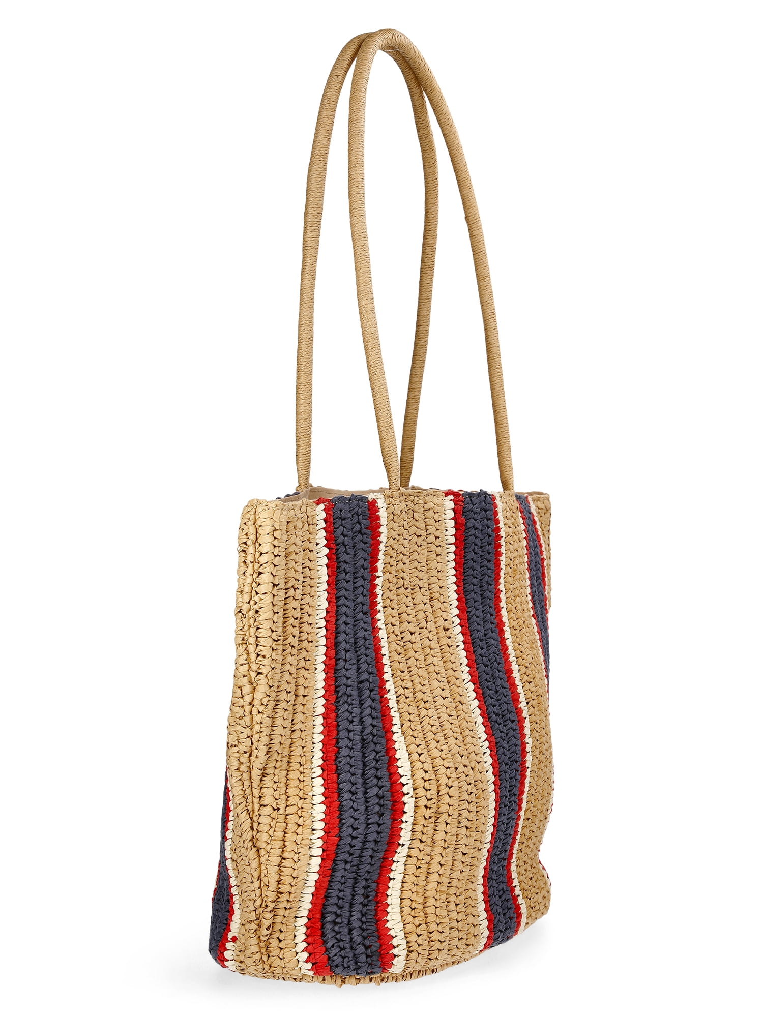 Time and Tru Striped Straw Tote Handbag, Multicolor
