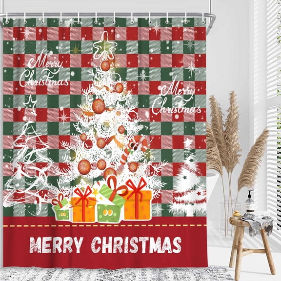 Christmas Shower Curtain, Boho Cute Red Green Buffalo Lattice Xmas Tree Balls Candy Snowflake Farmhouse Shower Curtains Set, Waterproof Bath Curtains Sets with Hooks, 72X72in