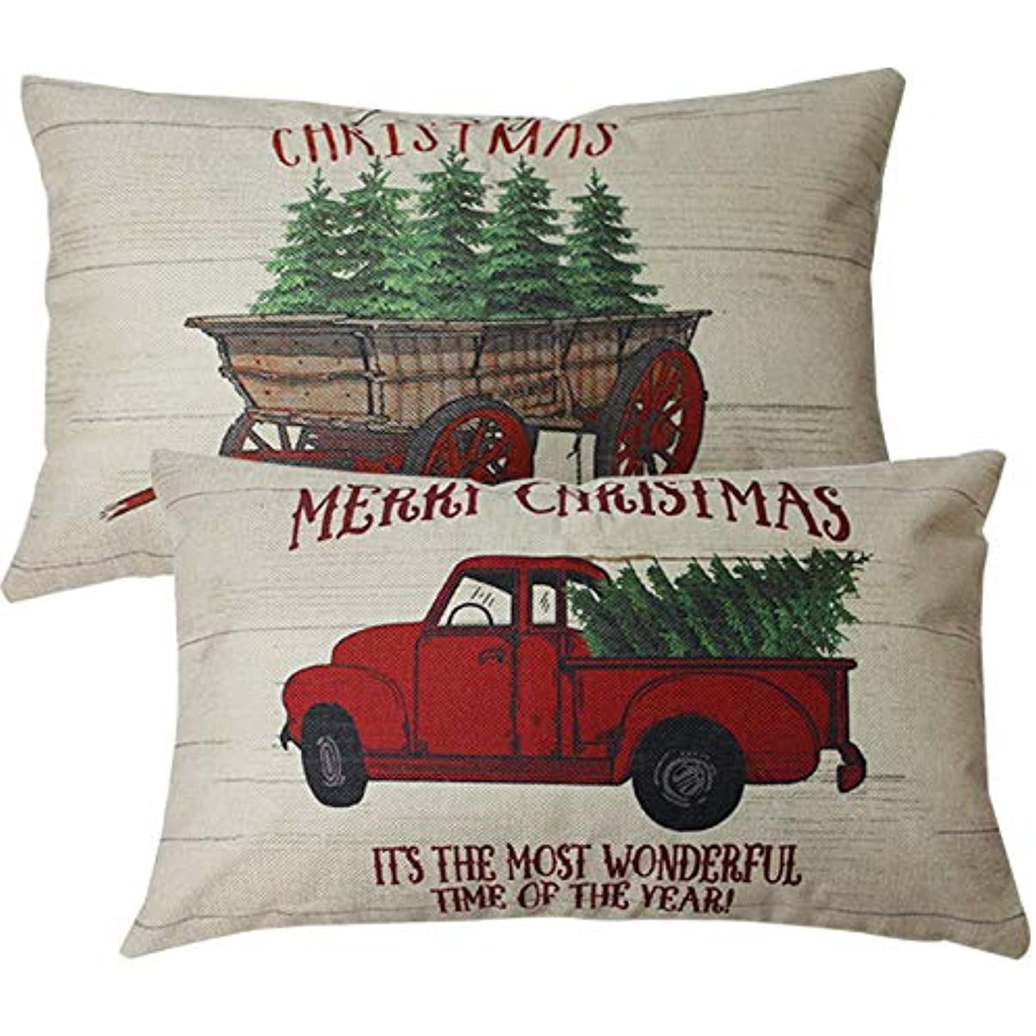 ULOVE LOVE YOURSELF 2Pack Merry Christmas Pillow Cover with Christmas Tree and Vintage Red Truck Pattern Cotton Linen Home Decorative Throw Cushion Case 20 x 20 inches