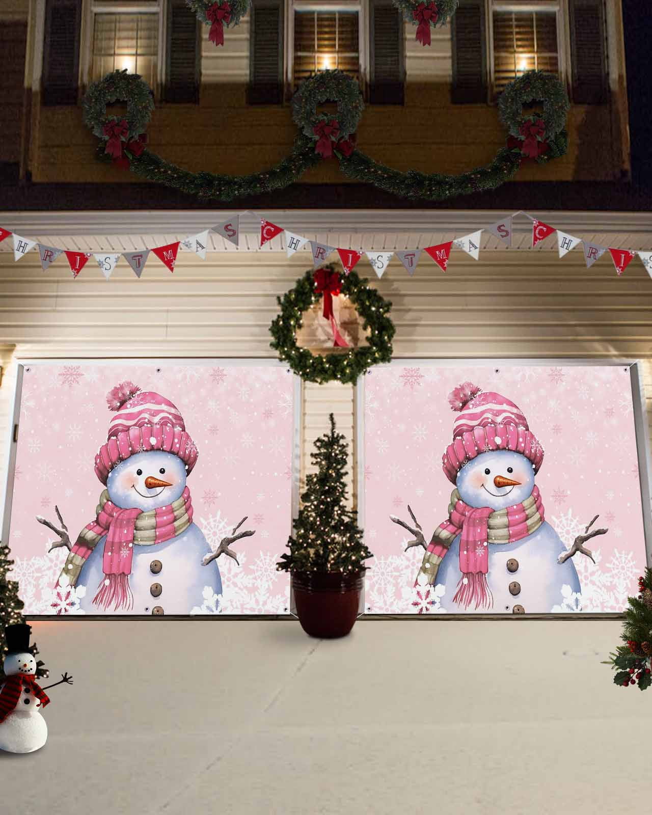 Garage Door Banner Cover 6 x 13 ft, Pink Christmas Snowman with Cap Xmas Tree Snowflake Christmas Garage Door Decorations Holiday Christmas Backdrop Decor for Winter New Year Xmas Party