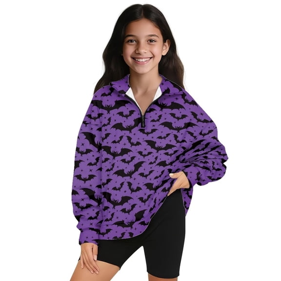 Uorisanigo Kids Girls Sweatshirt Casual Long Sleeve Shirts Tops Oversized Purple Black Bat Quarter Zip Pullover Sweatshirts Teen Girl School Cropped Pullover Hoodies Fall Fashion