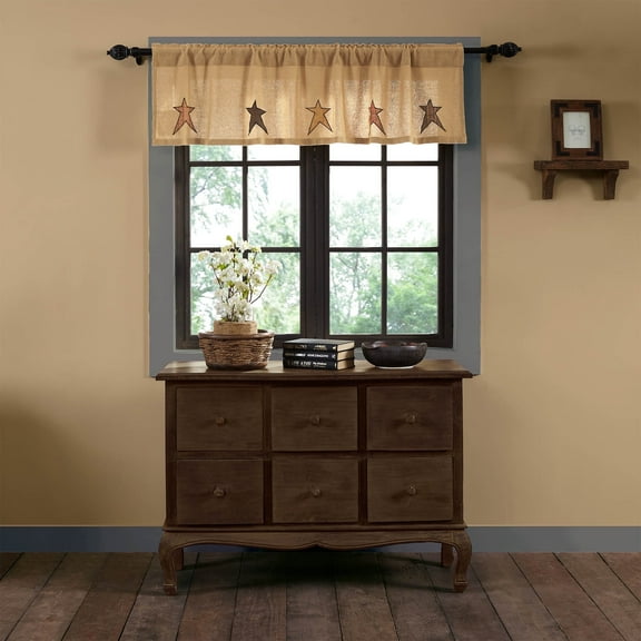 VHC Brands Stratton Primitive 16"x60" Burlap Star Valance Tan Rod Pocket Appliqued Cotton Kitchen Window Curtains