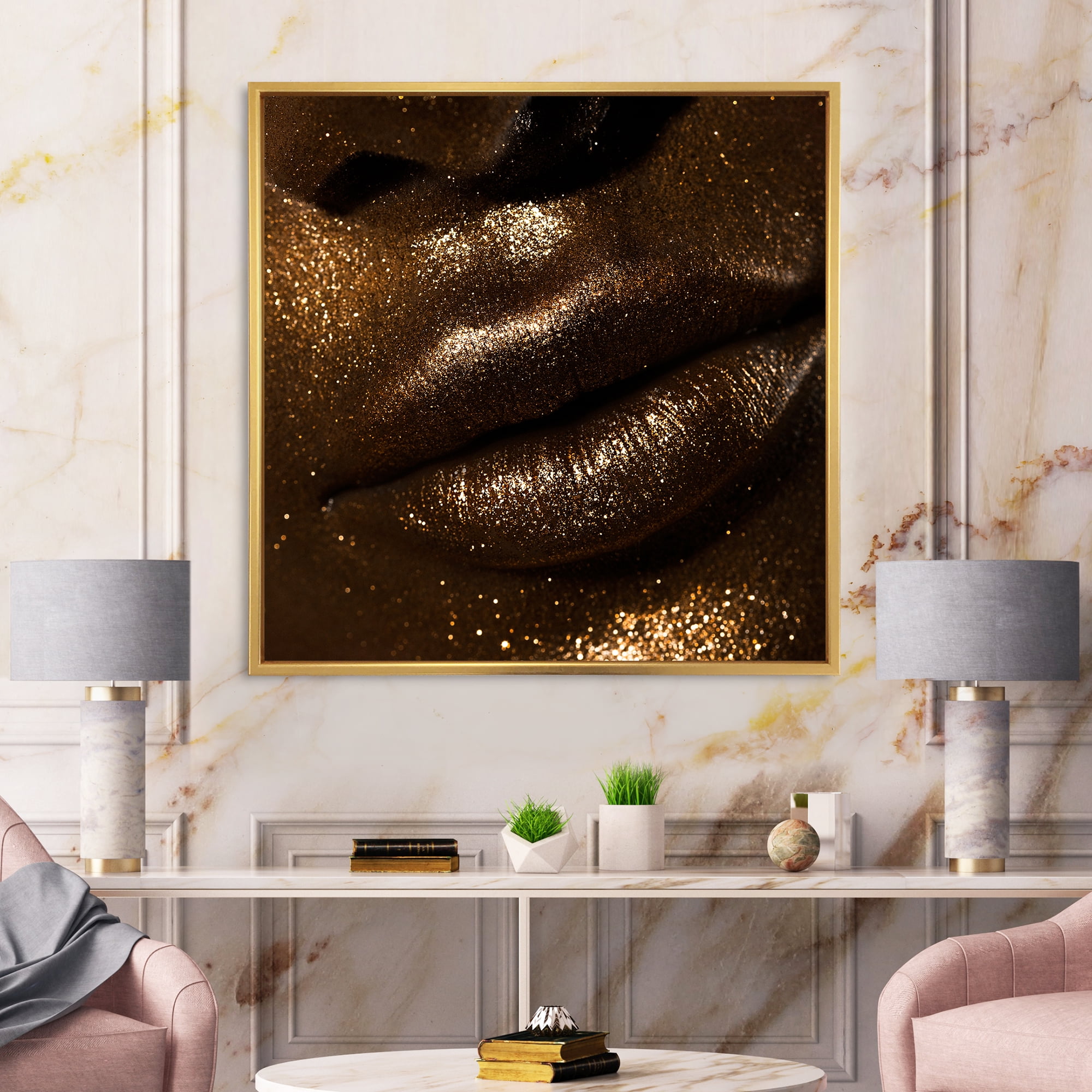 Girl Lips With Glitter and Spangle 16 in x 16 in Framed Painting Canvas Art Print, by Designart