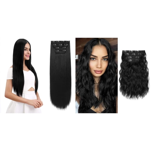 28" Straight Super Long 4 PCS Set Thick Clip in on Hair Extensions 4PCS Short Wavy Hair Extensions 14" Invisible Lace Weft Natural Soft Hairpieces