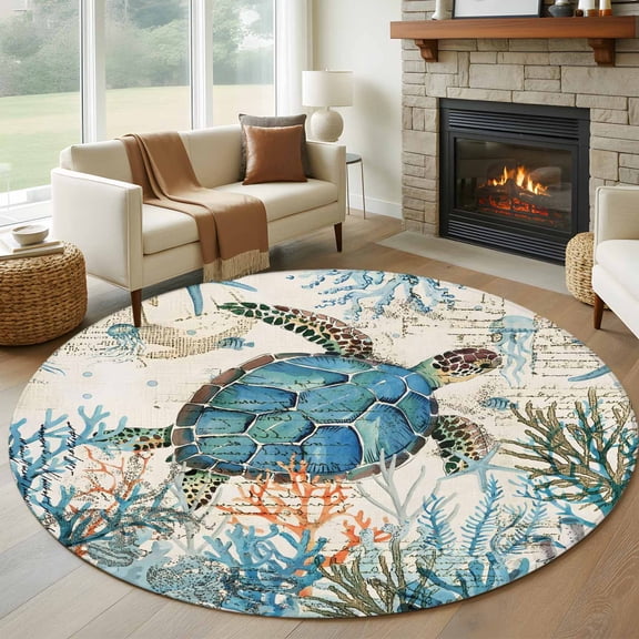 Round Area Rug 8 Ft, Ocean Turtle Washable Non-Slip Circle Carpet for Living Room/Bedroom, Coastal Nautical Coral Starfish Blue Collection Low-Profile Large Area Rugs for Indoor