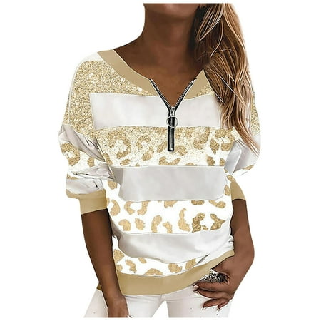 

Alueeu Women Womens Summer Tops Fashion V-neck Print Zipper Pullover Long Sleeve Loose Black And Red Corset Top Running Tops for Women Khaki M