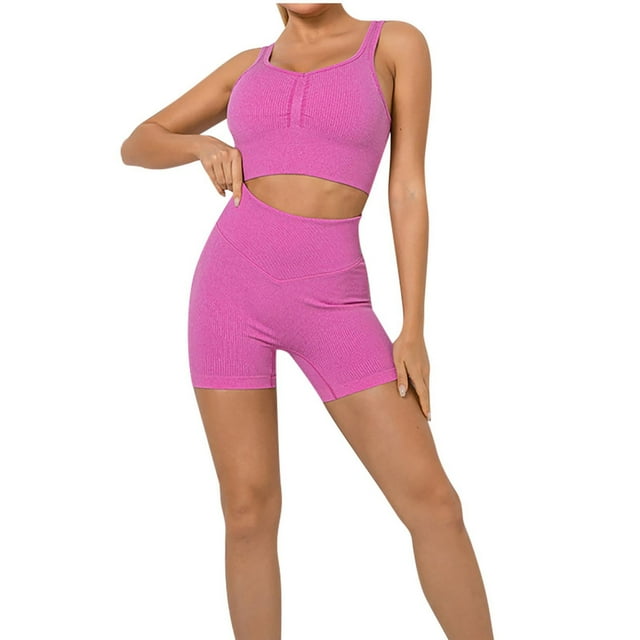 Workout Sets for Women 2 Piece Seamless Ribbed Crop Tank High Waist Athletic Shorts Yoga Outfits Exercise Set