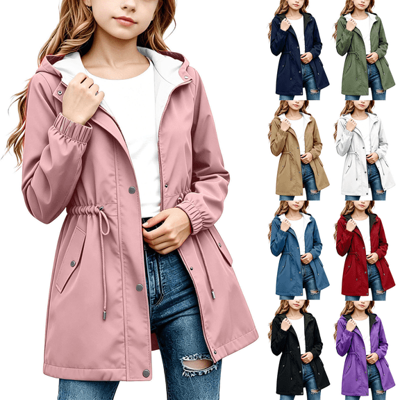 DJDLJWCJ Teen Girls Mid Length Windbreaker Water Resistant Solid Color Zip Up Hooded Jacket for Outdoor Hiking Purple Size 7