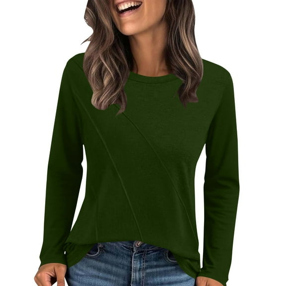 EchfiProm Womens Crew Neck Tops Army Green T-Shirts Basic Long Sleeve Pullover Solid for Women Trendy