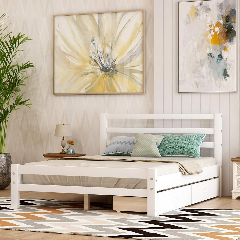 White Wood Full Size Platform Bed Frame with Headboard Footboard and