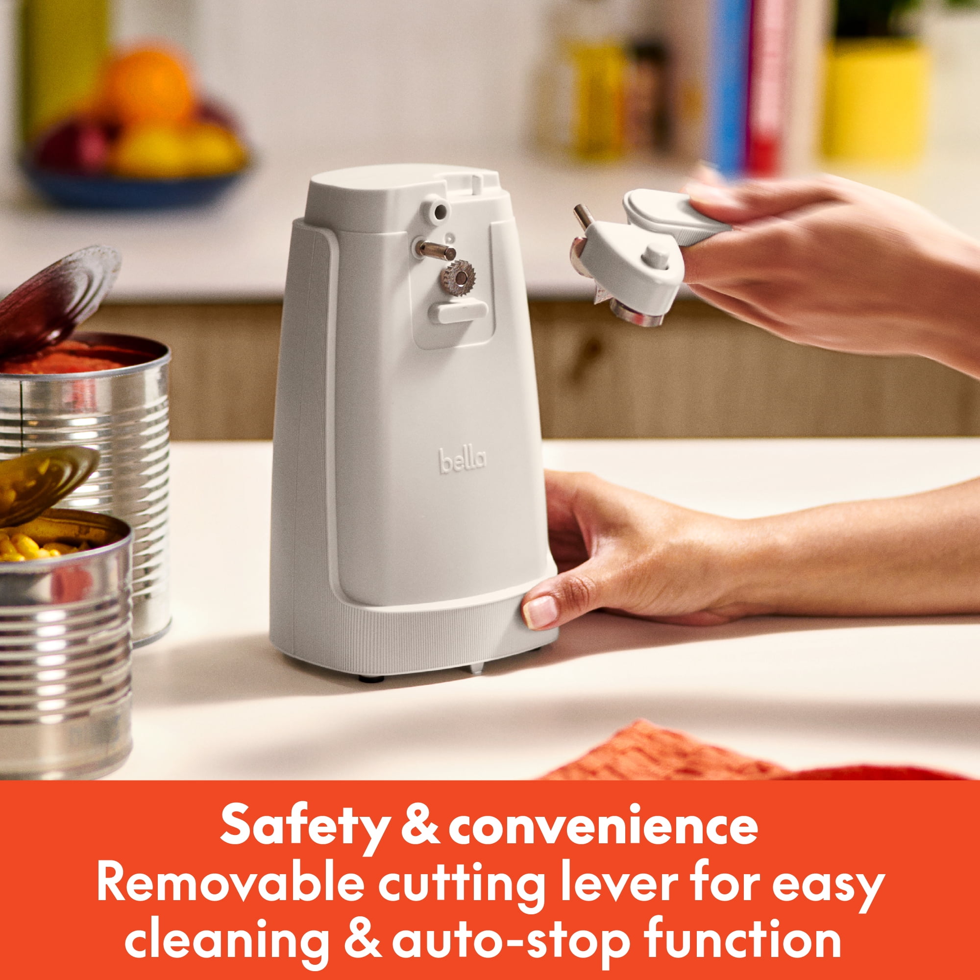 bella Electric Can Opener with Stainless Steel Cutting Blade and Cord Storage, Oatmilk