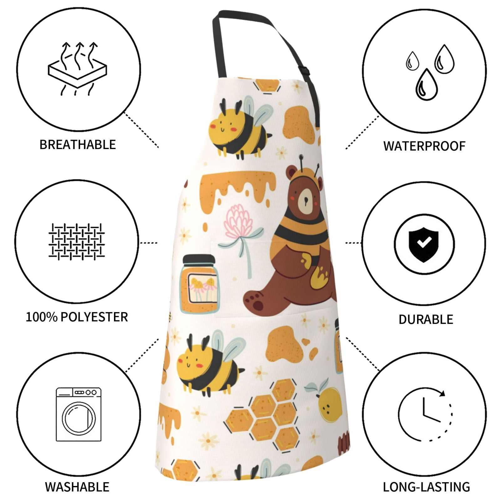 Kdxio Cute Bee Honey Jar Hive Bear Apron with Pockets Adjustable Kitchen Aprons for Men Women Waterproof Aprons for Cooking,Drawing,Crafting, Baking Household Cleaning