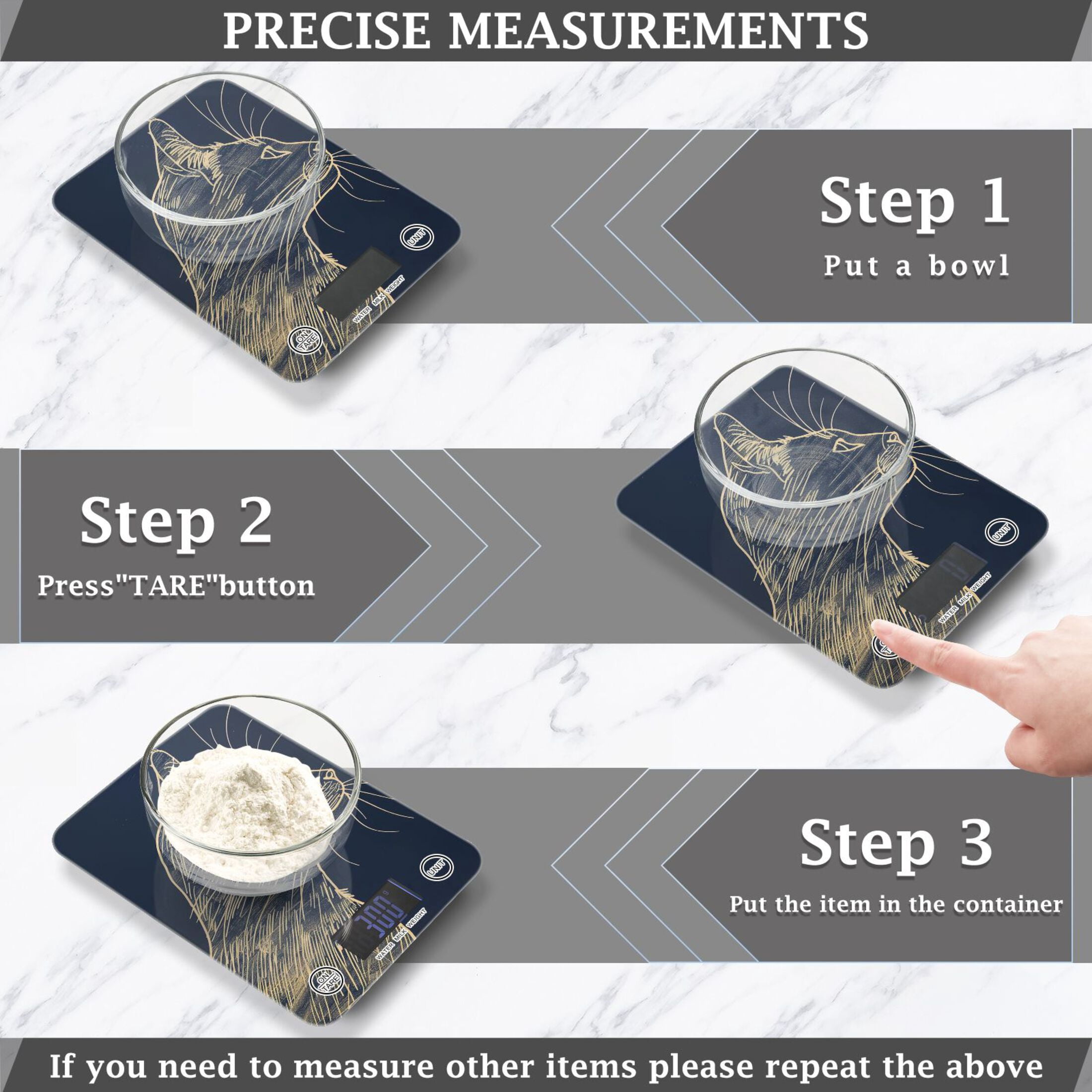 Cat in Blue Food Scale Digital Kitchen Scale Waterproof Tempered Glass Tare Function 11 lb for Baking Cooking Meal Prep