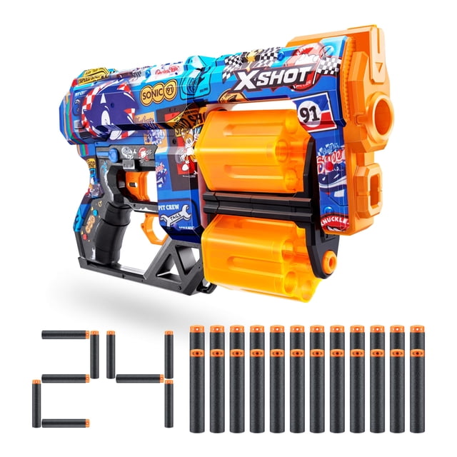 X-Shot Skins Dread Sonic Race Team Blaster with 24 Darts - Malice Skin by ZURU, Double Rotating Barrels, Air Pocket Dart Technology, Toy Foam Blaster for Kids, Teens and Adults