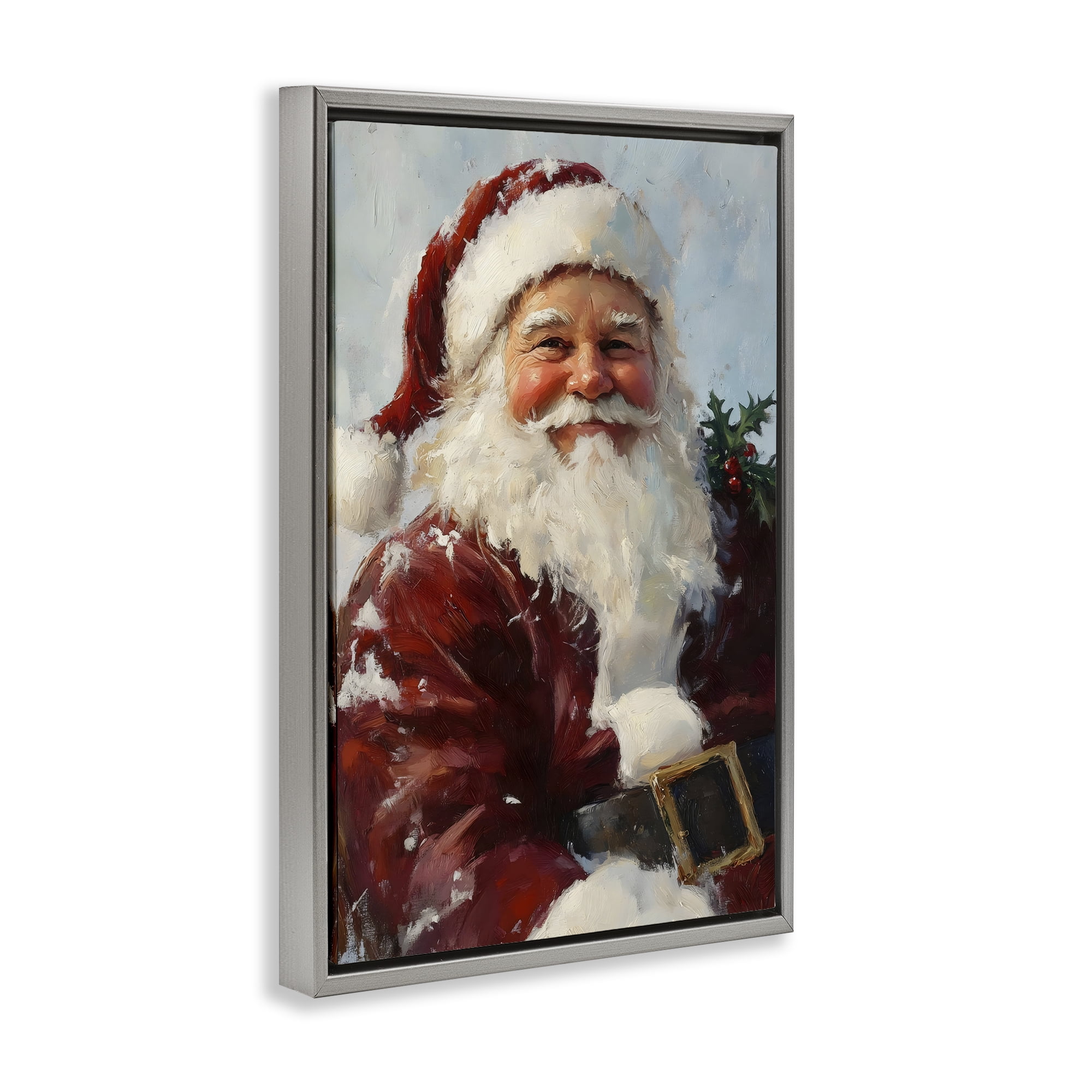 Rosy Cheeked Santa Smile Gray Framed Floater Canvas Wall Art, design by Petal Prints Design