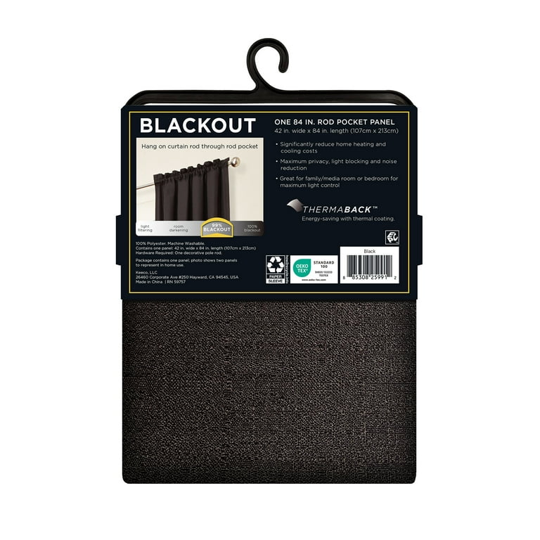 Eclipse Samara Black Solid Color Blackout Rod Pocket Single Curtain Panel,  42 x 84 