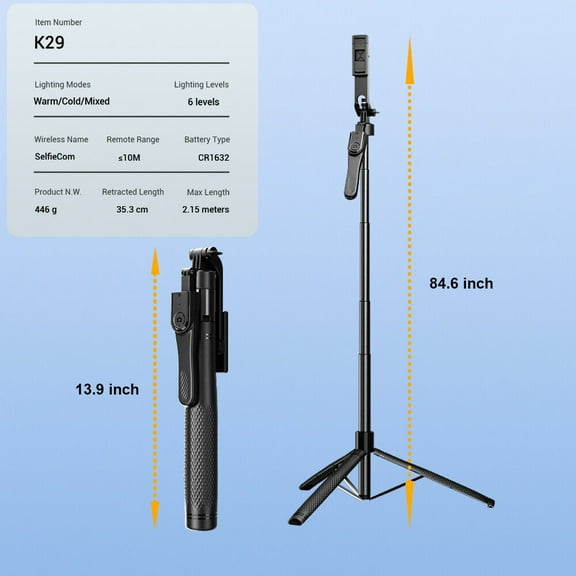 EROCK 84" Portable Wireless Selfie Stick Remote Tripod Phone Stand For Iphone Samsung